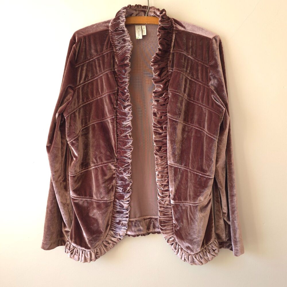 Sahalie Purple Velvet Open Front Cardigan Ruffle Seam Long Sleeved Fairy Boho M